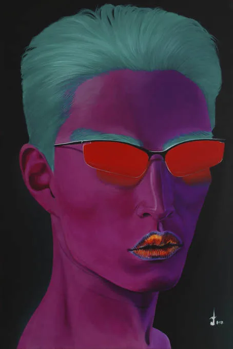 Lakshmi Mohanbabu Oriental Purple Turquoise hair, purple skin and red glasses are not out of place for this Asian man with high cheekbones